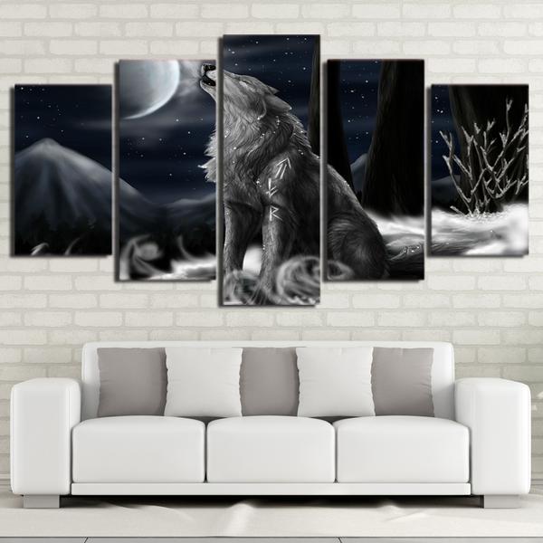 Wolf Night Moon Wall Art 5 Pieces Canvas Home Decor Living Room 5 Panel Canvas